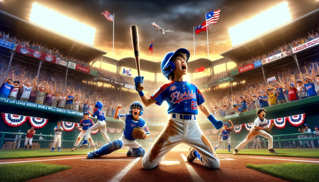 ramatic-high-energy-scene-depicting-a-Little-League-World-Series-championship-game-at-Lamade-Stadium.-In-the-foreground-a-Florida-team-player-cel
